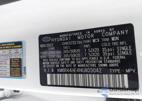 2022 Hyundai Palisade Sel z USA, uszkodzony, nr VIN KM8R44HE4NU403042